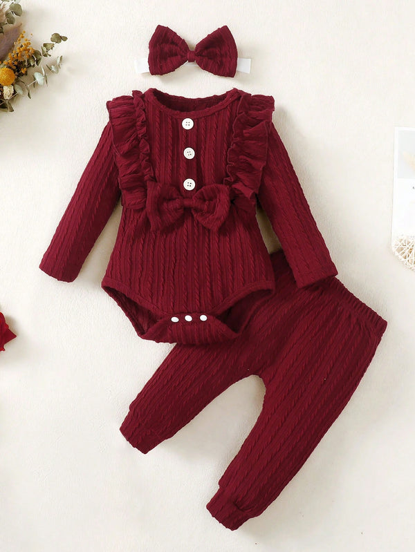 Conjunto de 3 peças Soltinho Casual para Bebê Menina com Decoração de Laço, Detalhes de Babado, Calça Longa e Faixa de Cabelo para Primavera/Outono