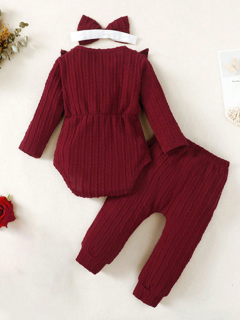 Conjunto de 3 peças Soltinho Casual para Bebê Menina com Decoração de Laço, Detalhes de Babado, Calça Longa e Faixa de Cabelo para Primavera/Outono