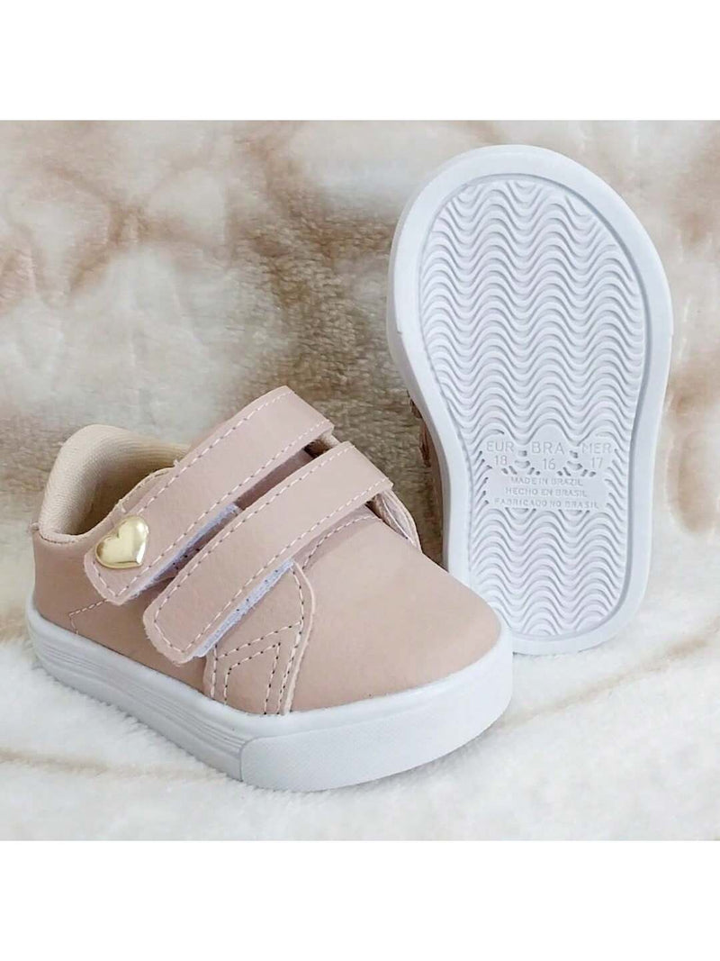 Tênis para bebê rosê ou preto com coração dourado menina infantil