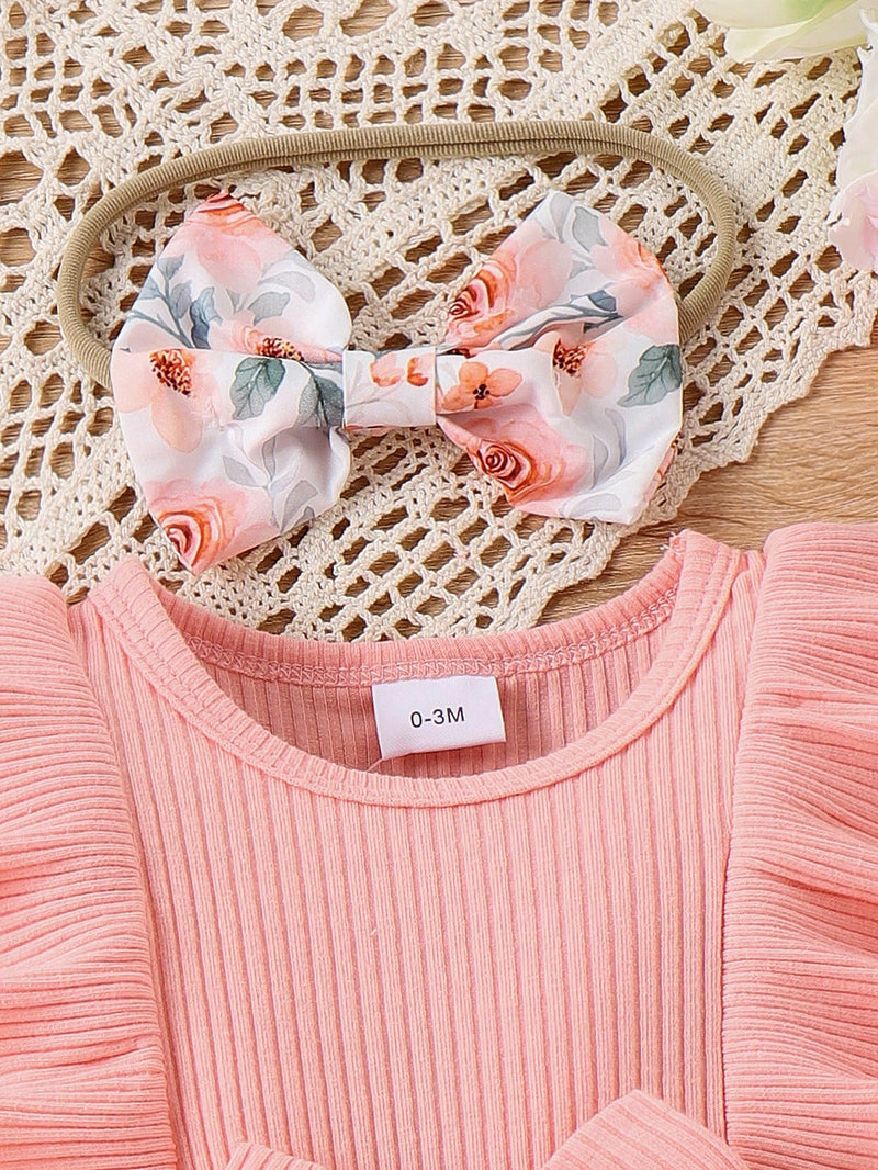 2 Peças Conjunto Bodysuit Estampado com Babados Floral Menina Bebê e Tiara, Doce e