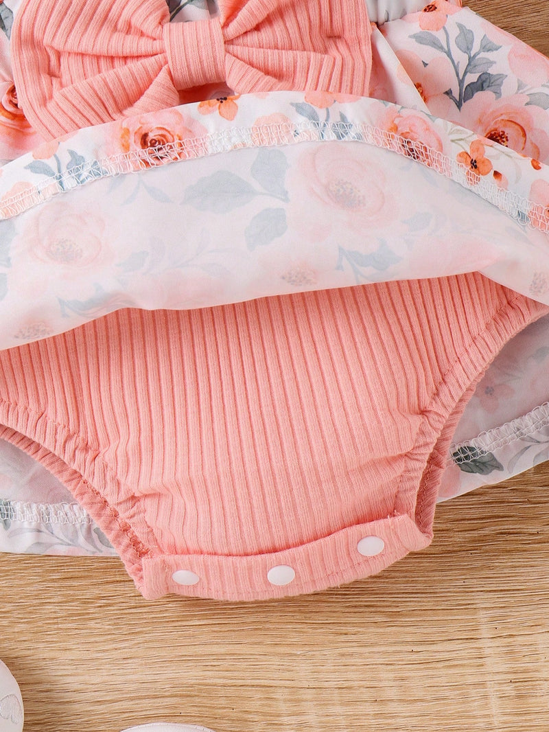 2 Peças Conjunto Bodysuit Estampado com Babados Floral Menina Bebê e Tiara, Doce e