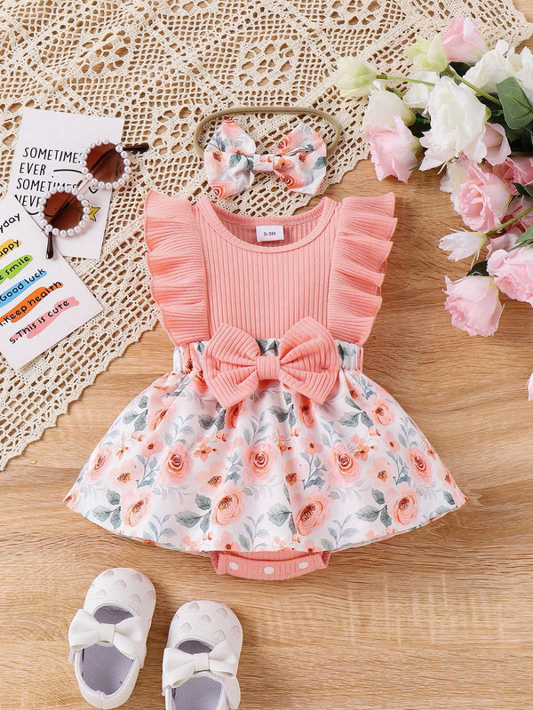 2 Peças Conjunto Bodysuit Estampado com Babados Floral Menina Bebê e Tiara, Doce e