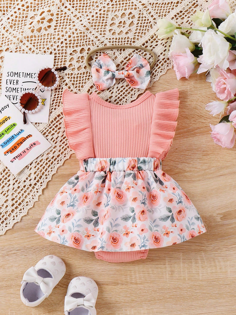 2 Peças Conjunto Bodysuit Estampado com Babados Floral Menina Bebê e Tiara, Doce e