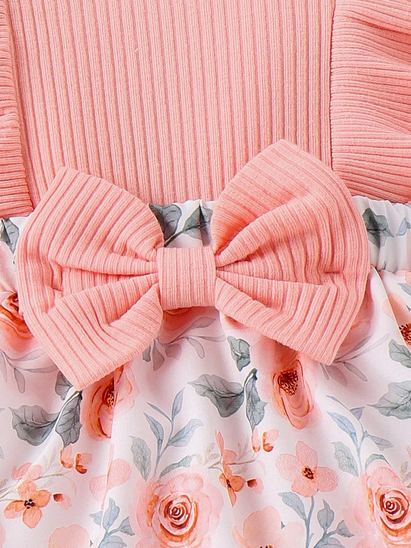 2 Peças Conjunto Bodysuit Estampado com Babados Floral Menina Bebê e Tiara, Doce e