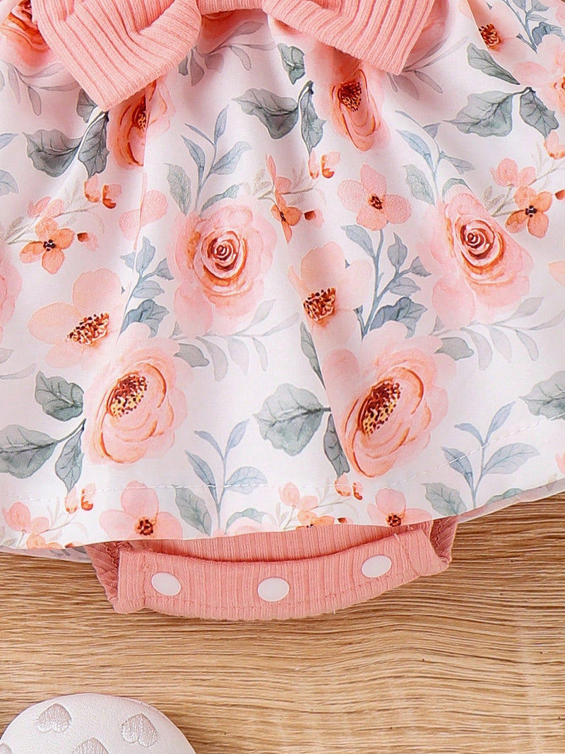 2 Peças Conjunto Bodysuit Estampado com Babados Floral Menina Bebê e Tiara, Doce e