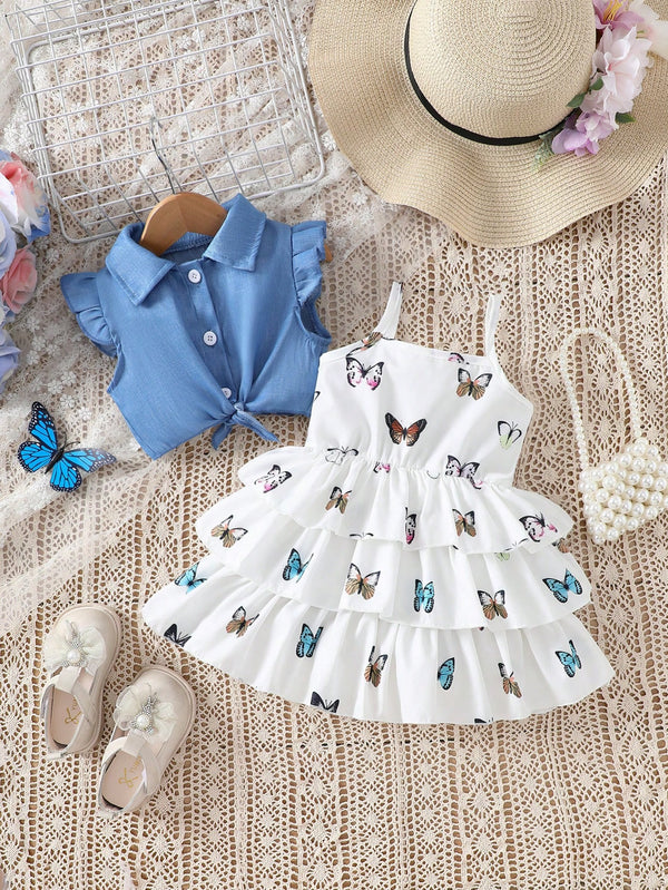 Conjunto de camisa de hem amarrada na frente e vestido de alcinha com estampa de borboleta para bebê menina