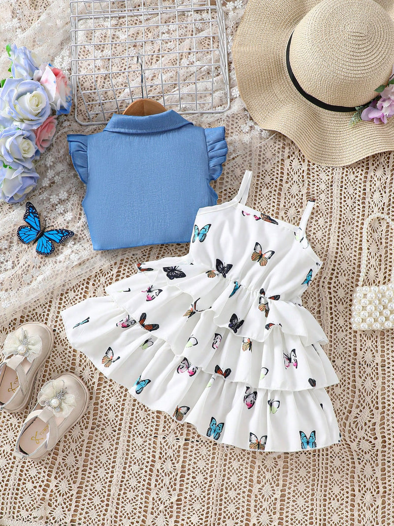 Conjunto de camisa de hem amarrada na frente e vestido de alcinha com estampa de borboleta para bebê menina