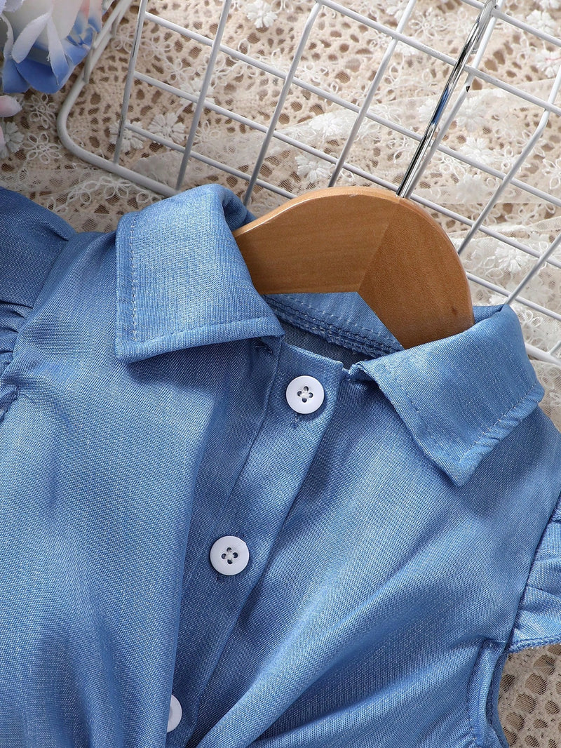 Conjunto de camisa de hem amarrada na frente e vestido de alcinha com estampa de borboleta para bebê menina