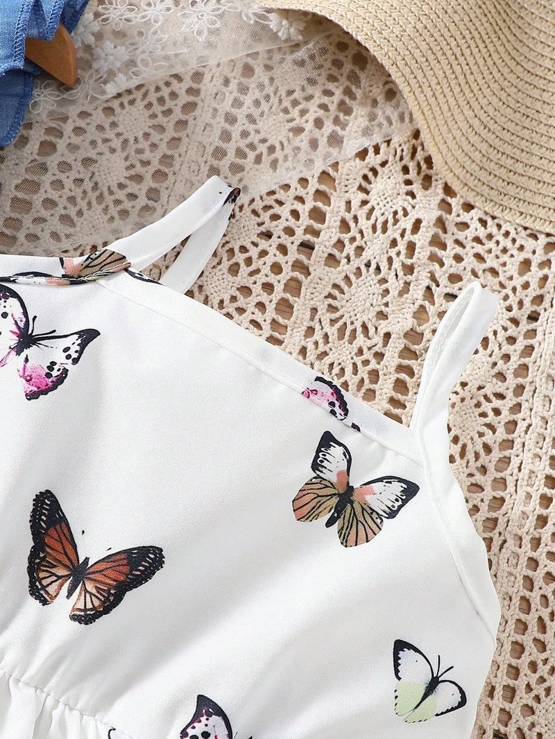 Conjunto de camisa de hem amarrada na frente e vestido de alcinha com estampa de borboleta para bebê menina