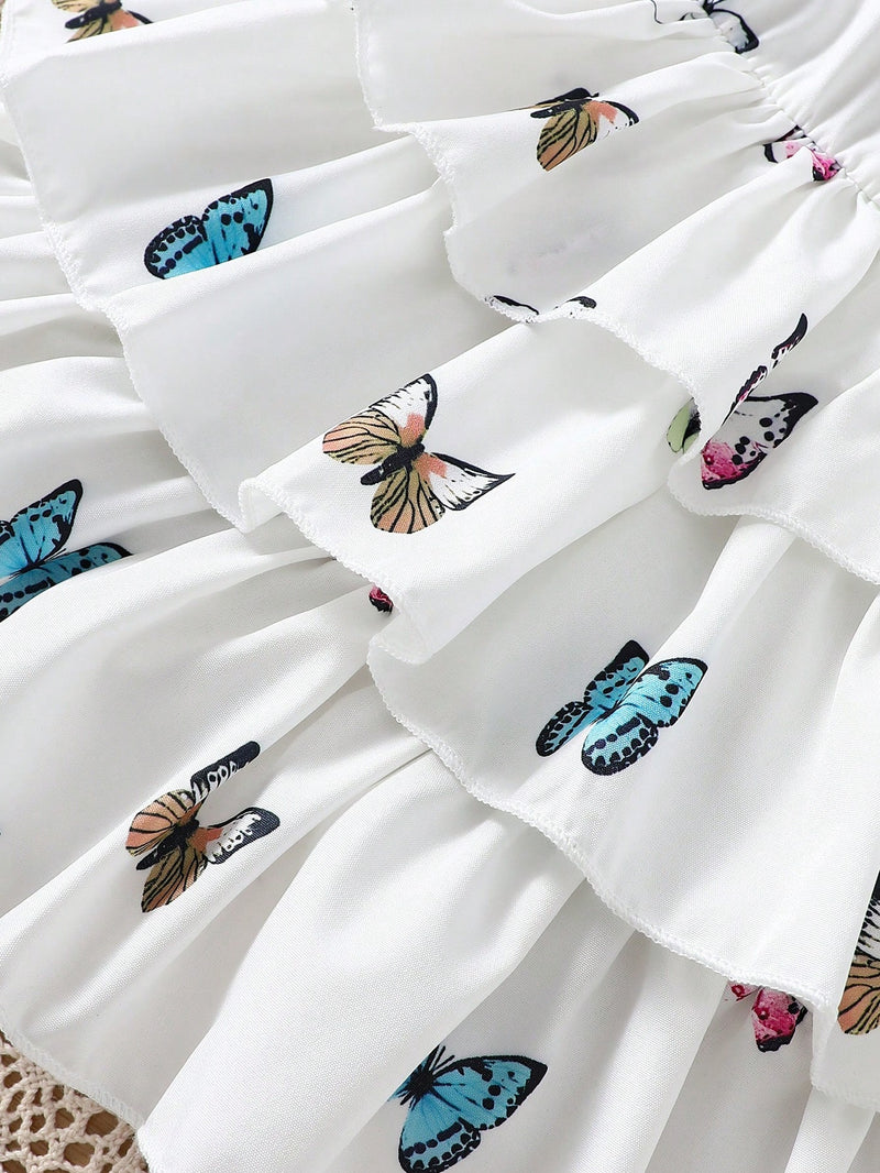 Conjunto de camisa de hem amarrada na frente e vestido de alcinha com estampa de borboleta para bebê menina
