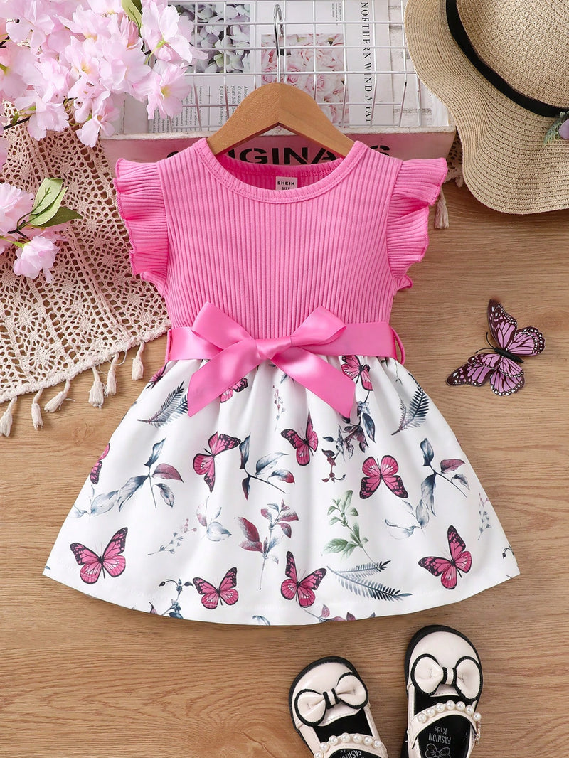 Vestido Fofo Casual e Romântico de Borboleta com Cinto Estampado com Padrão Diário Básico para Bebê Menina, Adequado para Passeios