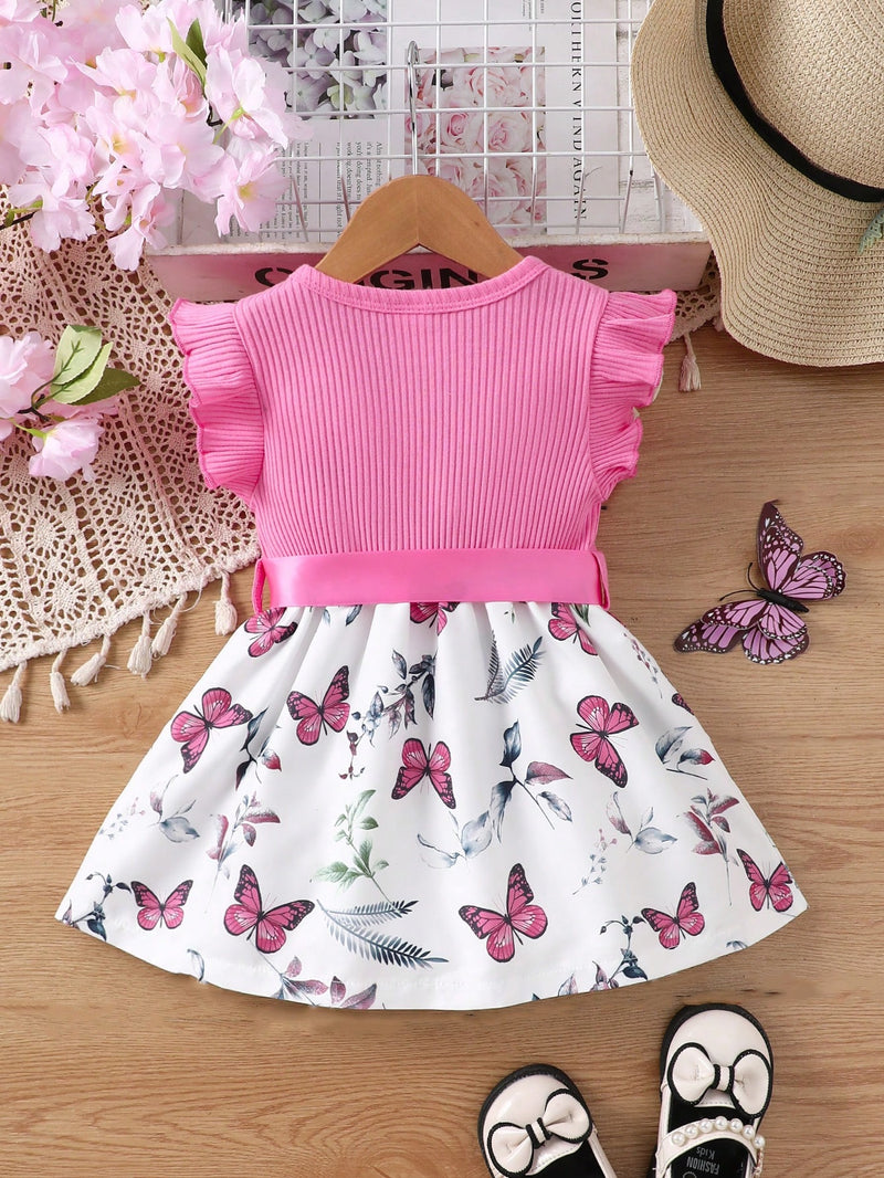 Vestido Fofo Casual e Romântico de Borboleta com Cinto Estampado com Padrão Diário Básico para Bebê Menina, Adequado para Passeios