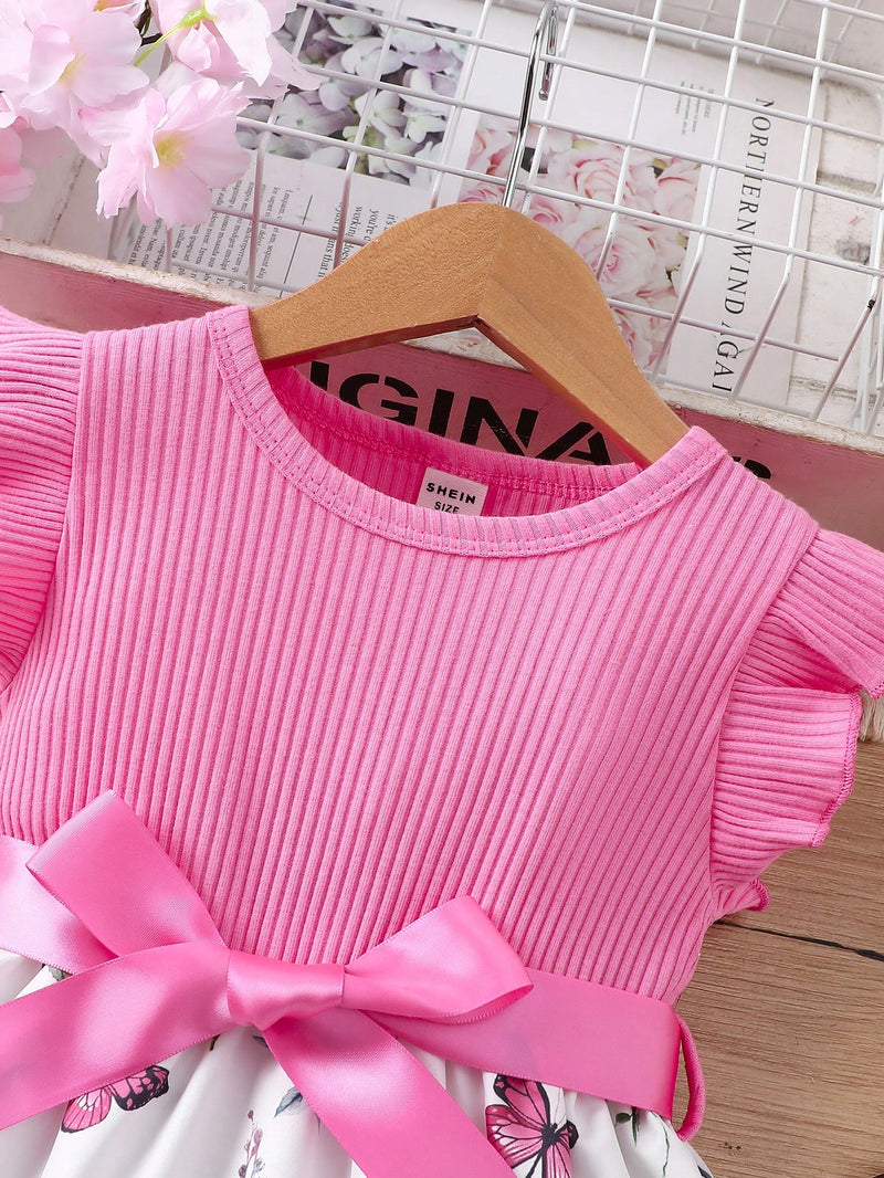 Vestido Fofo Casual e Romântico de Borboleta com Cinto Estampado com Padrão Diário Básico para Bebê Menina, Adequado para Passeios
