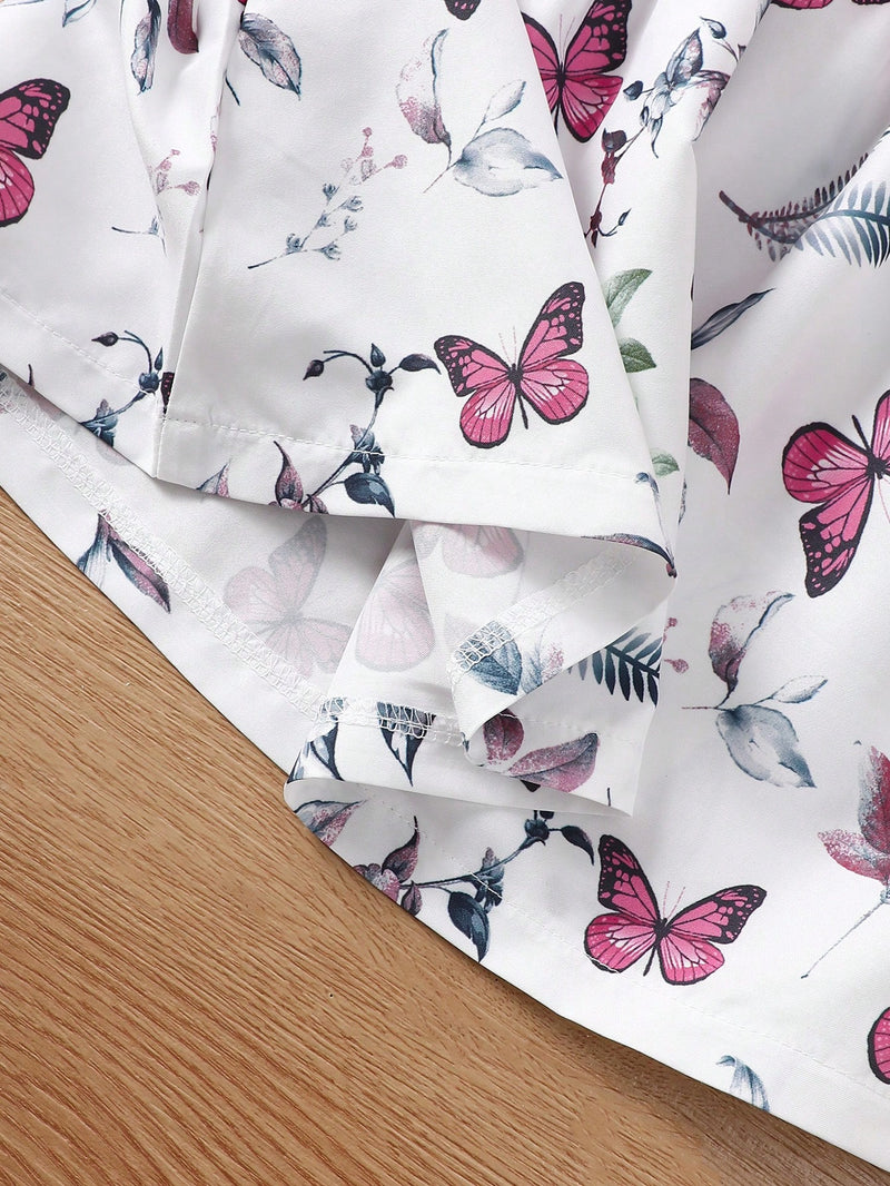 Vestido Fofo Casual e Romântico de Borboleta com Cinto Estampado com Padrão Diário Básico para Bebê Menina, Adequado para Passeios