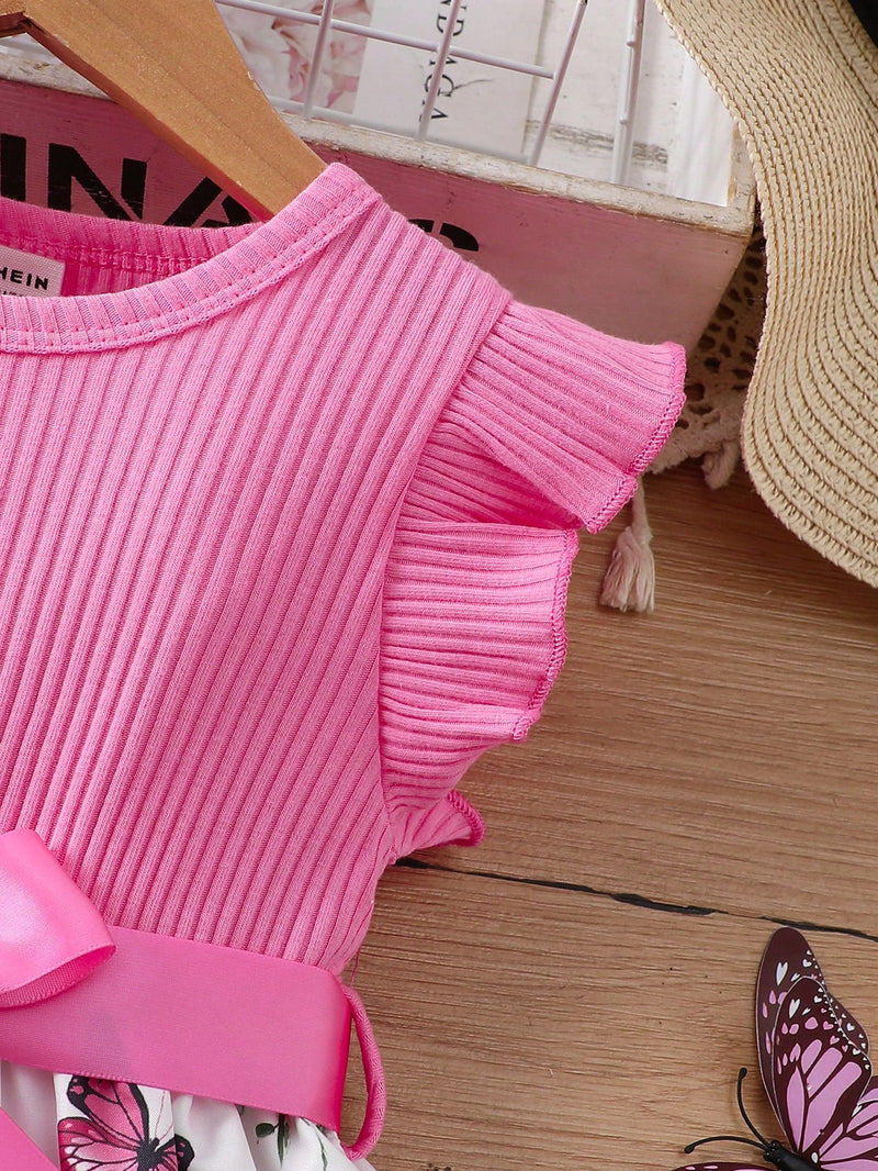 Vestido Fofo Casual e Romântico de Borboleta com Cinto Estampado com Padrão Diário Básico para Bebê Menina, Adequado para Passeios
