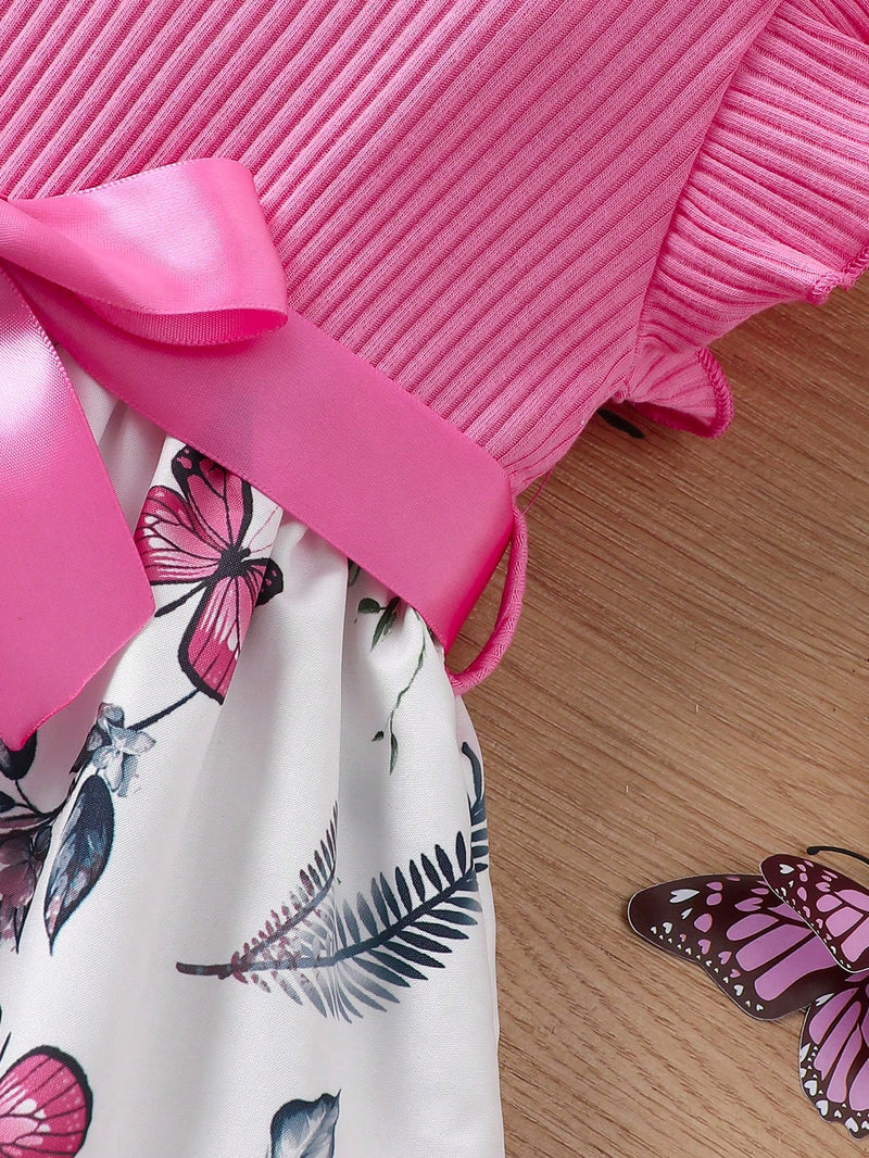 Vestido Fofo Casual e Romântico de Borboleta com Cinto Estampado com Padrão Diário Básico para Bebê Menina, Adequado para Passeios