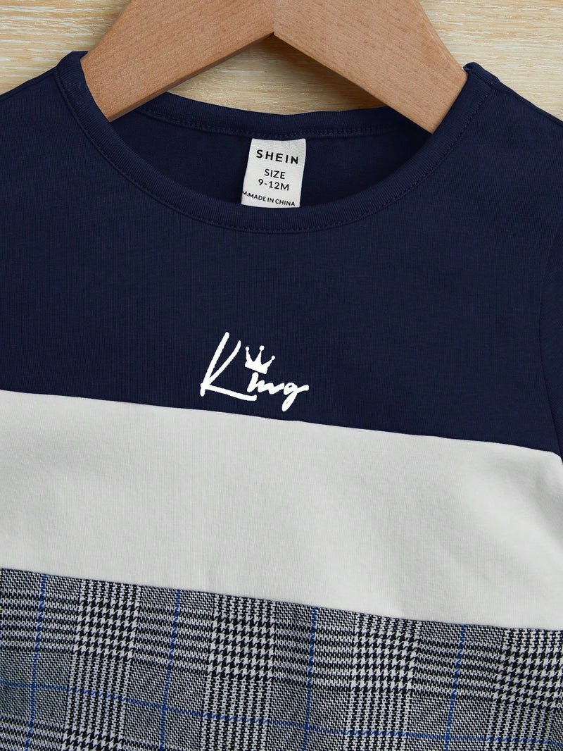 Conjunto de Camiseta e Shorts para Bebê Menino com Bloco de Cor de Xadrez e Gráfico de Letra, para o Natal