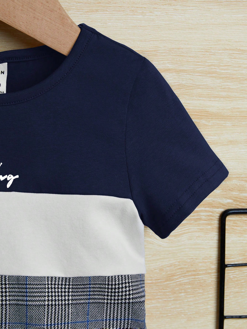 Conjunto de Camiseta e Shorts para Bebê Menino com Bloco de Cor de Xadrez e Gráfico de Letra, para o Natal
