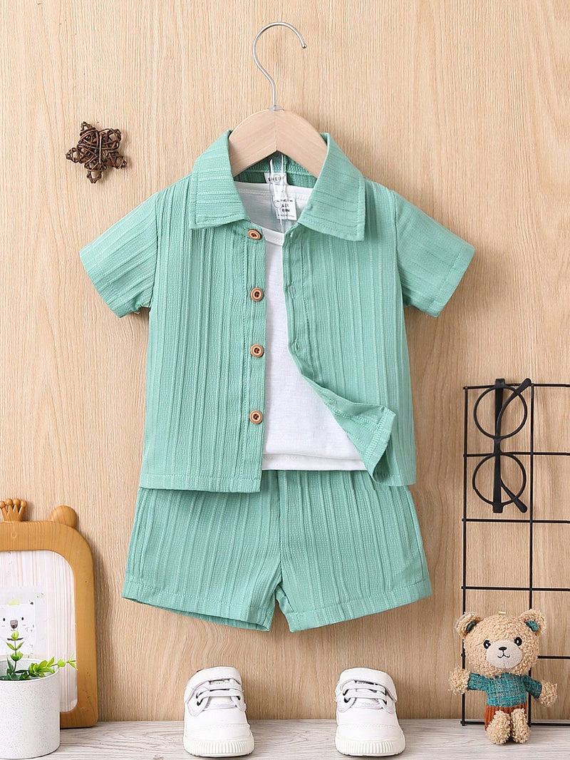 Bebê Menino Sólido Botão Frontal Camiseta & Shorts Sem Camiseta