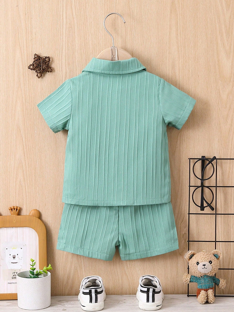 Bebê Menino Sólido Botão Frontal Camiseta & Shorts Sem Camiseta