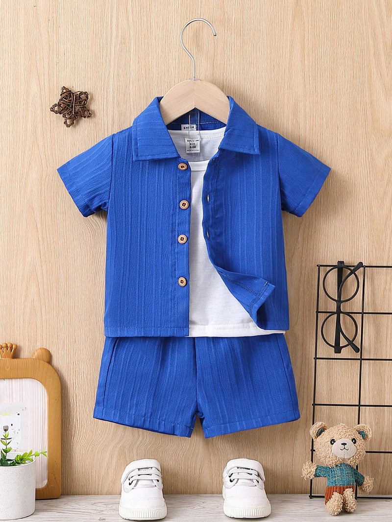 Bebê Menino Sólido Botão Frontal Camiseta & Shorts Sem Camiseta