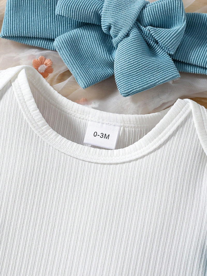 3 Peças Conjunto para Bebê Menina: Bodysuit de Manga Curta de Cor Sólida + Vestido com Babado de Barra Bordado com Flor 3D + Tiara