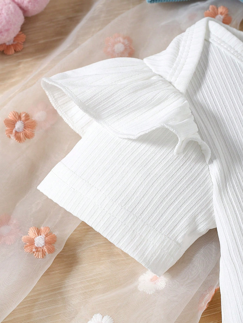 3 Peças Conjunto para Bebê Menina: Bodysuit de Manga Curta de Cor Sólida + Vestido com Babado de Barra Bordado com Flor 3D + Tiara