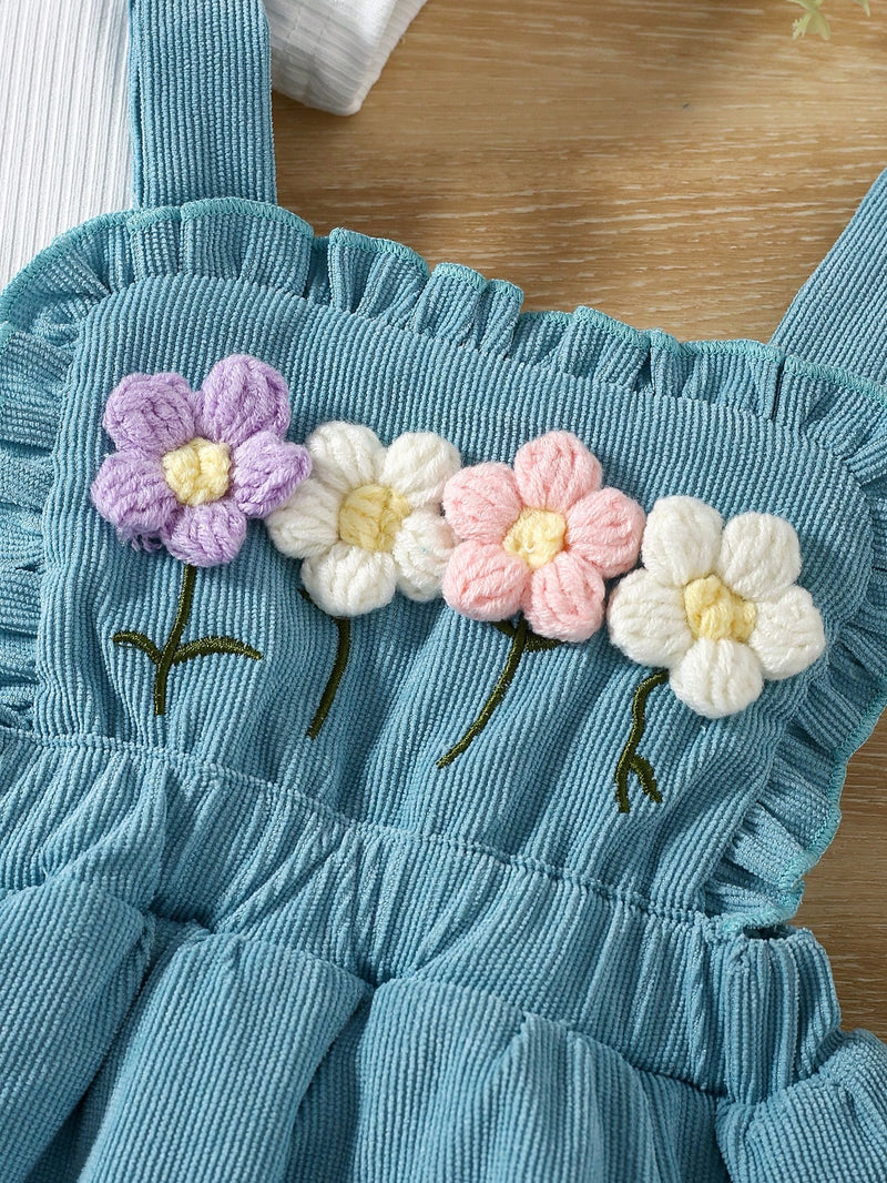 3 Peças Conjunto para Bebê Menina: Bodysuit de Manga Curta de Cor Sólida + Vestido com Babado de Barra Bordado com Flor 3D + Tiara