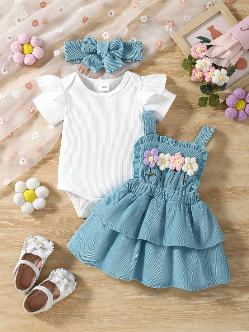 3 Peças Conjunto para Bebê Menina: Bodysuit de Manga Curta de Cor Sólida + Vestido com Babado de Barra Bordado com Flor 3D + Tiara