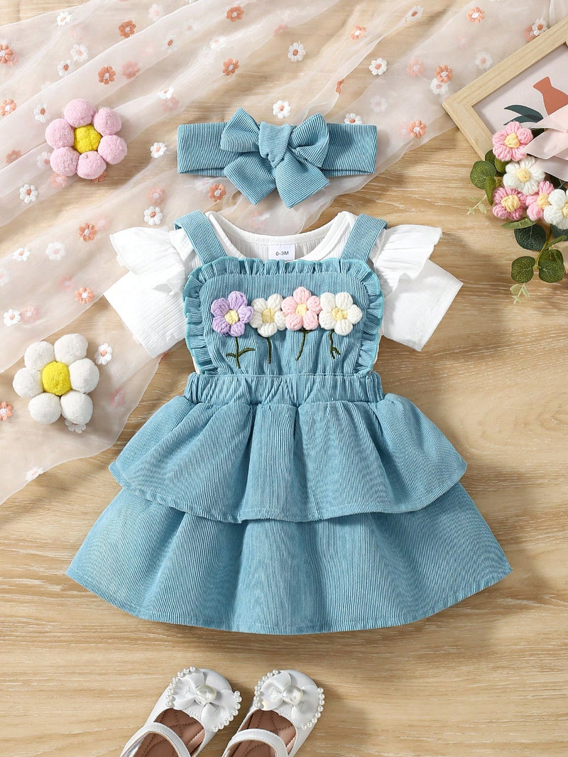 3 Peças Conjunto para Bebê Menina: Bodysuit de Manga Curta de Cor Sólida + Vestido com Babado de Barra Bordado com Flor 3D + Tiara