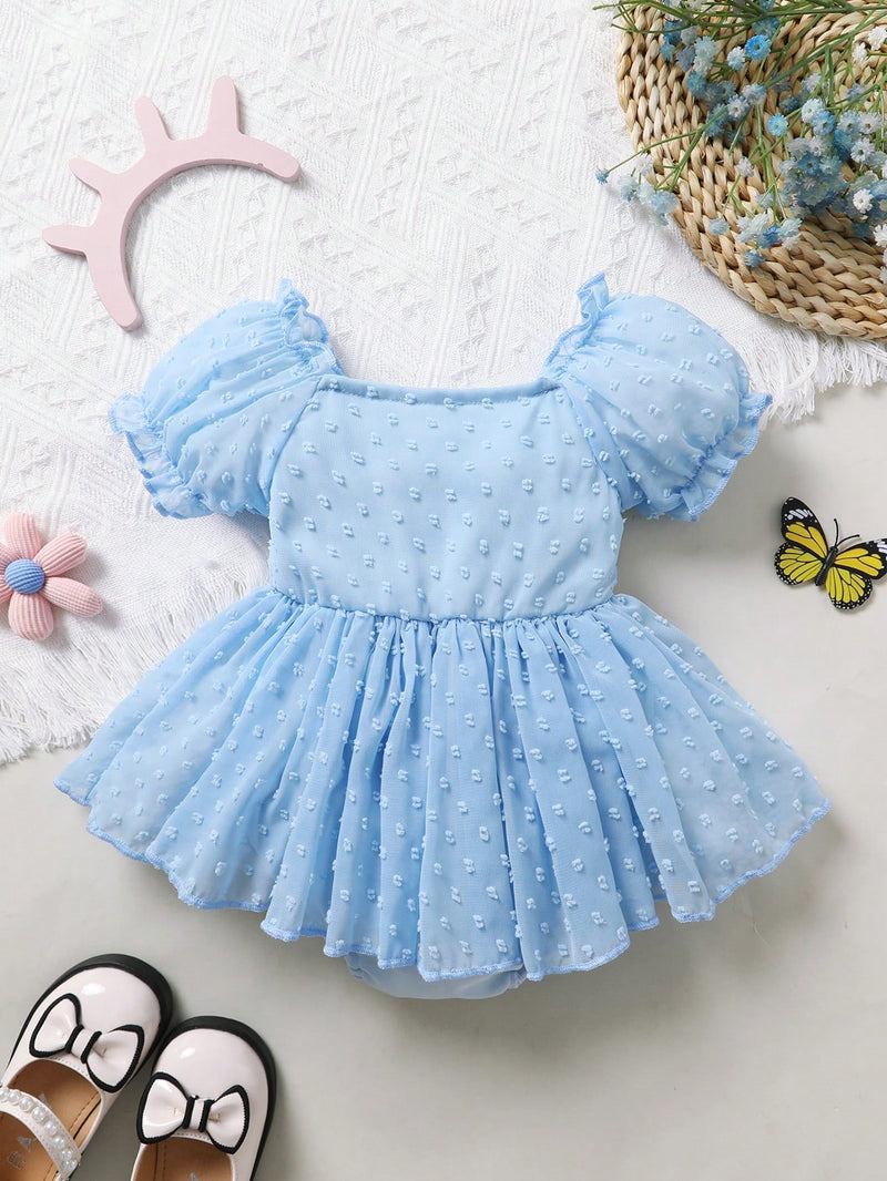 Vestido Bordado de Manga Curta Bolha para Bebê Menina, Bonito e Elegante, Perfeito para Festas de Férias e Sessões Fotográficas