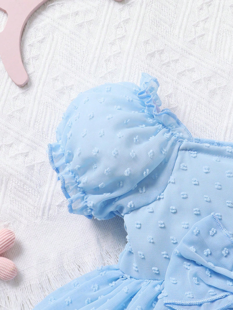 Vestido Bordado de Manga Curta Bolha para Bebê Menina, Bonito e Elegante, Perfeito para Festas de Férias e Sessões Fotográficas