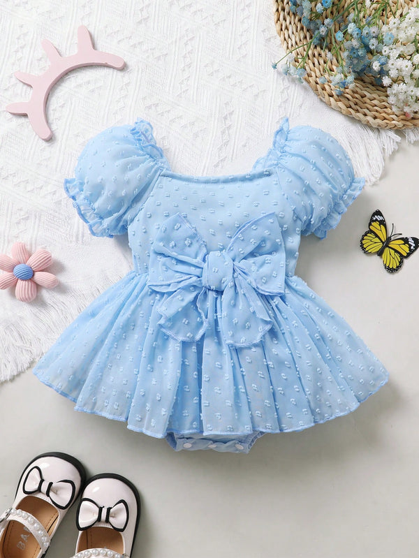 Vestido Bordado de Manga Curta Bolha para Bebê Menina, Bonito e Elegante, Perfeito para Festas de Férias e Sessões Fotográficas