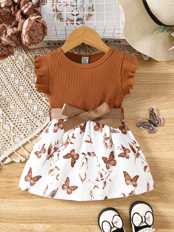 Vestido Fofo Casual e Romântico de Borboleta com Cinto Estampado com Padrão Diário Básico para Bebê Menina, Adequado para Passeios
