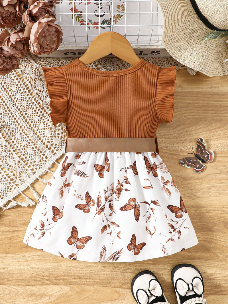 Vestido Fofo Casual e Romântico de Borboleta com Cinto Estampado com Padrão Diário Básico para Bebê Menina, Adequado para Passeios