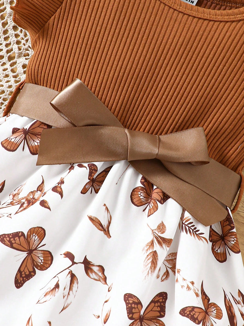 Vestido Fofo Casual e Romântico de Borboleta com Cinto Estampado com Padrão Diário Básico para Bebê Menina, Adequado para Passeios