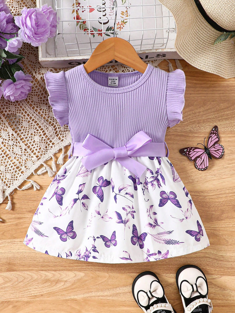Vestido Fofo Casual e Romântico de Borboleta com Cinto Estampado com Padrão Diário Básico para Bebê Menina, Adequado para Passeios