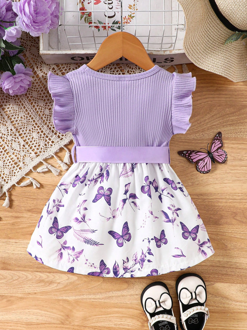 Vestido Fofo Casual e Romântico de Borboleta com Cinto Estampado com Padrão Diário Básico para Bebê Menina, Adequado para Passeios