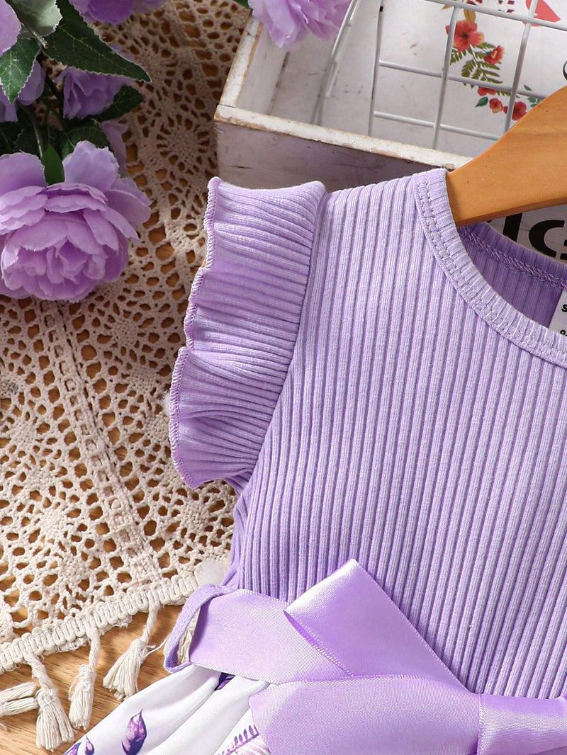 Vestido Fofo Casual e Romântico de Borboleta com Cinto Estampado com Padrão Diário Básico para Bebê Menina, Adequado para Passeios