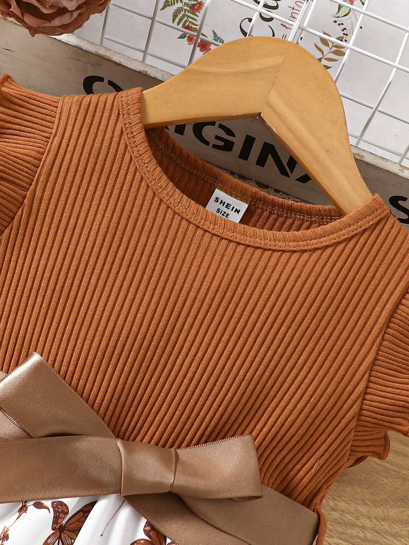 Vestido Fofo Casual e Romântico de Borboleta com Cinto Estampado com Padrão Diário Básico para Bebê Menina, Adequado para Passeios
