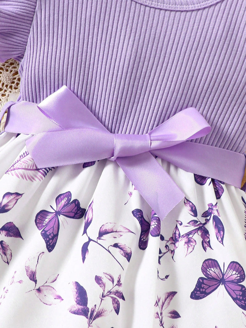 Vestido Fofo Casual e Romântico de Borboleta com Cinto Estampado com Padrão Diário Básico para Bebê Menina, Adequado para Passeios