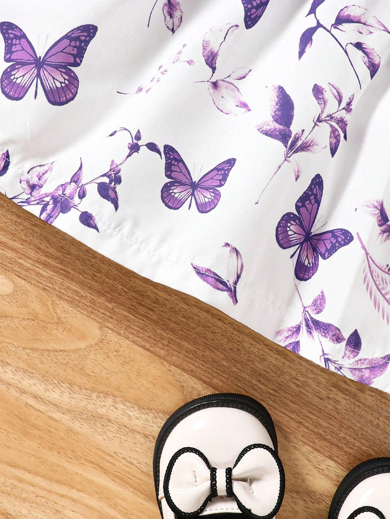 Vestido Fofo Casual e Romântico de Borboleta com Cinto Estampado com Padrão Diário Básico para Bebê Menina, Adequado para Passeios