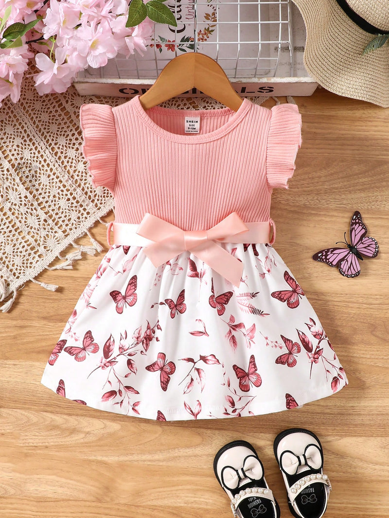 Vestido Fofo Casual e Romântico de Borboleta com Cinto Estampado com Padrão Diário Básico para Bebê Menina, Adequado para Passeios