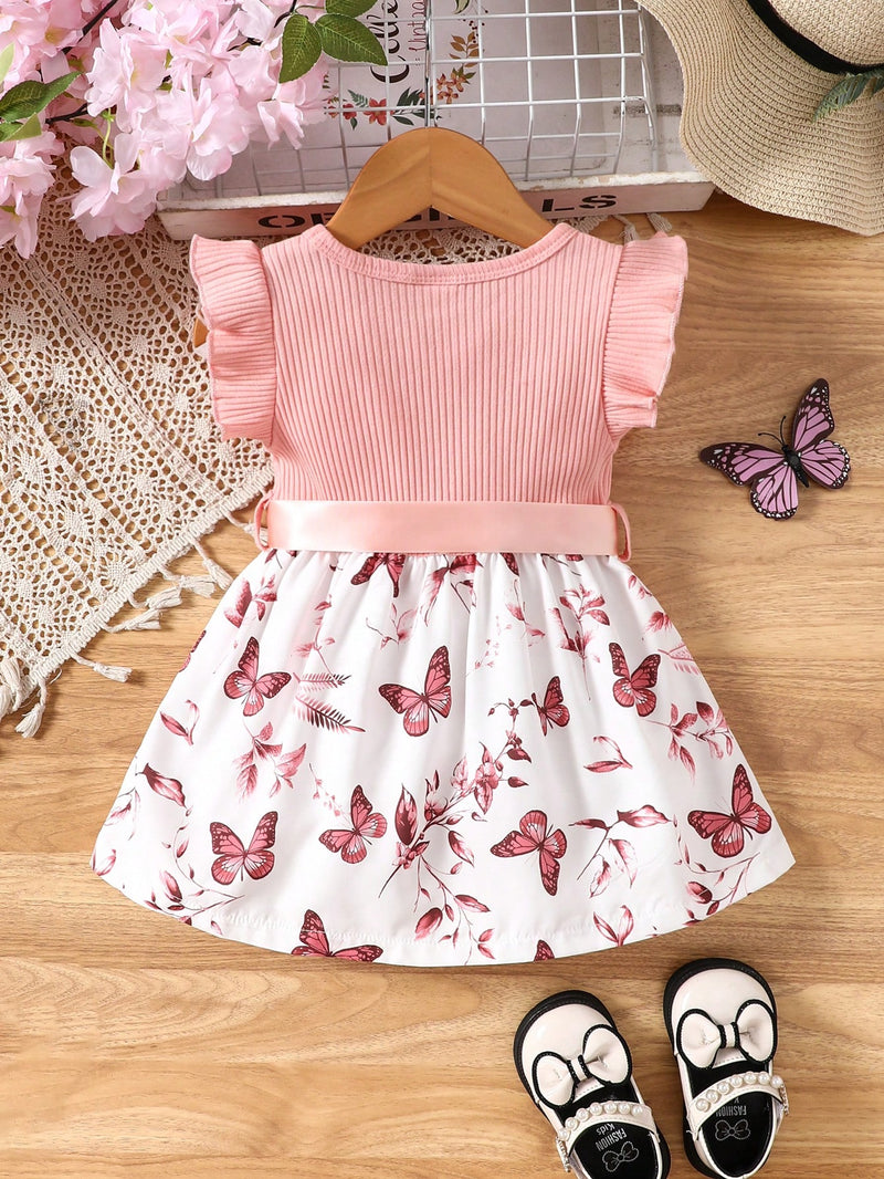 Vestido Fofo Casual e Romântico de Borboleta com Cinto Estampado com Padrão Diário Básico para Bebê Menina, Adequado para Passeios