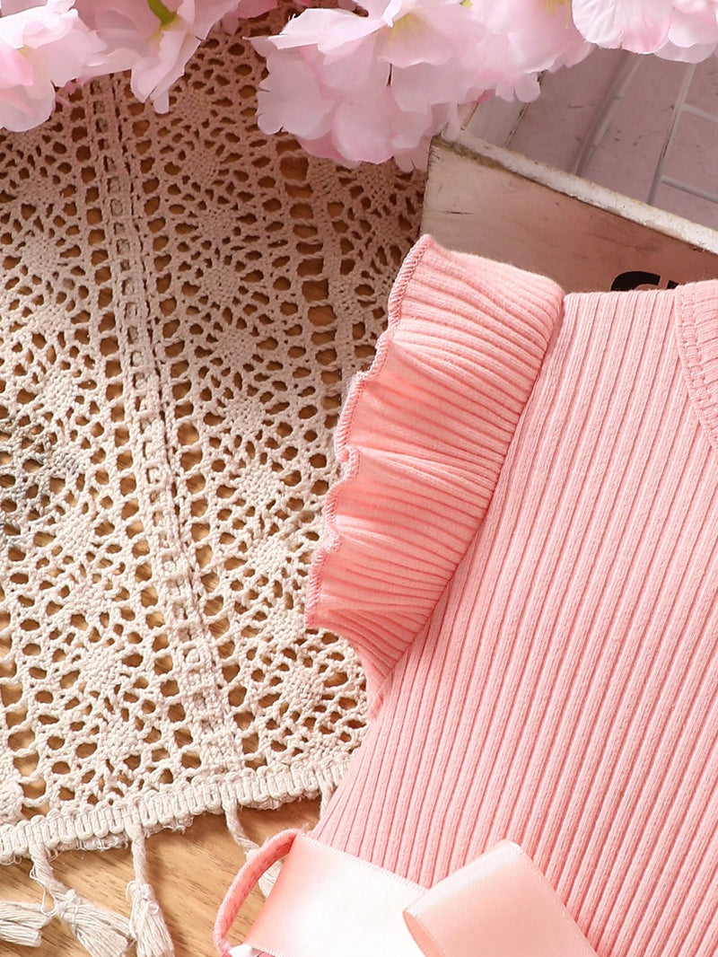 Vestido Fofo Casual e Romântico de Borboleta com Cinto Estampado com Padrão Diário Básico para Bebê Menina, Adequado para Passeios