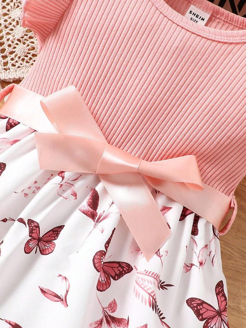 Vestido Fofo Casual e Romântico de Borboleta com Cinto Estampado com Padrão Diário Básico para Bebê Menina, Adequado para Passeios