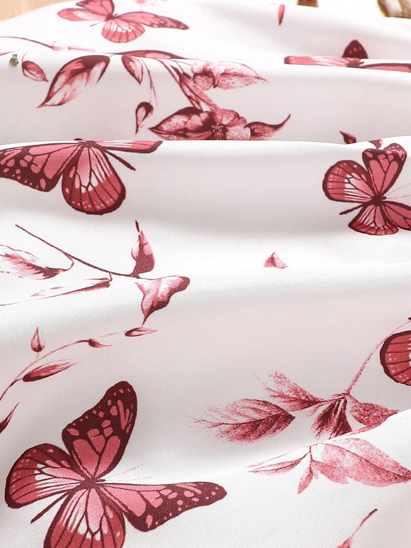 Vestido Fofo Casual e Romântico de Borboleta com Cinto Estampado com Padrão Diário Básico para Bebê Menina, Adequado para Passeios