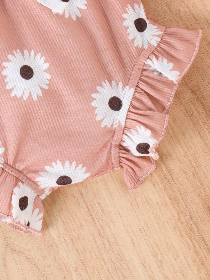 Conjunto de 2 peças de Crianças Meninas Bodysuit e Shorts Estampado Adorável, Verão