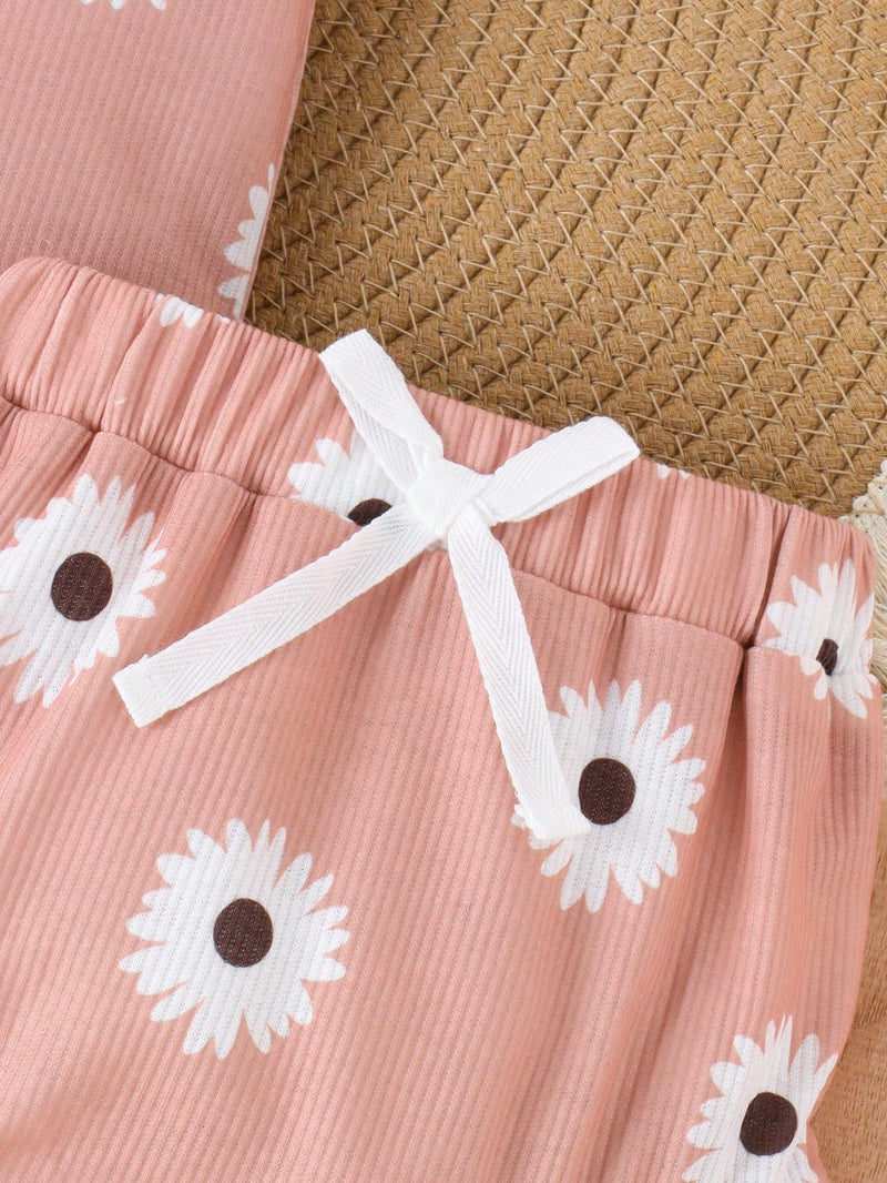 Conjunto de 2 peças de Crianças Meninas Bodysuit e Shorts Estampado Adorável, Verão