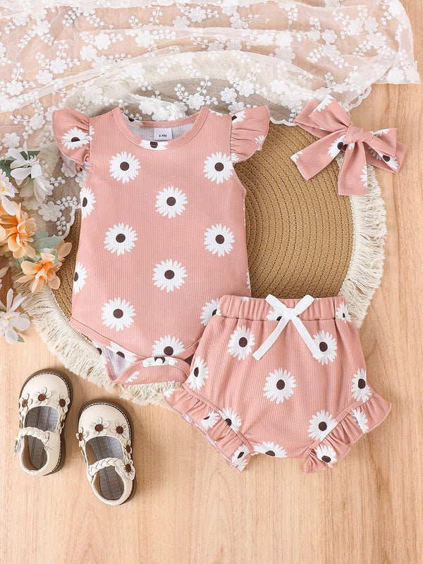 Conjunto de 2 peças de Crianças Meninas Bodysuit e Shorts Estampado Adorável, Verão